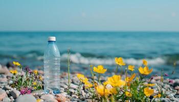 Vibrant Wildflowers and Plastic Bottle by the Seashore Nature Background with Copyspace photo