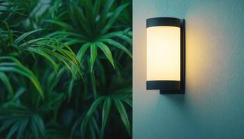 Modern Minimalist Outdoor Wall Lamp with Copyspace Background Garden Setting Closeup View photo