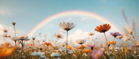 Wildflower Field with a Rainbow Scenic Nature Background Bright Day Copyspace photo