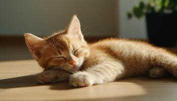 Orange Tabby Kitten Dozing in Sunlight Home Interior Image with Background and Copyspace photo
