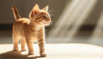 Joyful Orange Tabby Kitten Playing on Sunlit Carpet with Background Copyspace photo