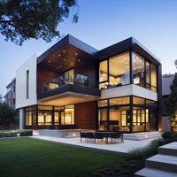 Modern Architecture Home Design Suburban Area Image with Background and Copyspace Daylight View photo