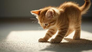 Joyful Orange Tabby Kitten Playing on Sunlit Carpet Copyspace Background Indoor Environment photo