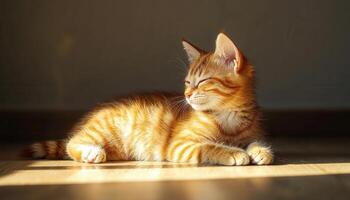 Orange Tabby Kitten Dozing in Sunlight Cozy Room Photo Background Copyspace