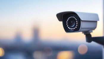 Weather-Resistant Security Camera Closeup Urban Background Copyspace Technology Focus photo