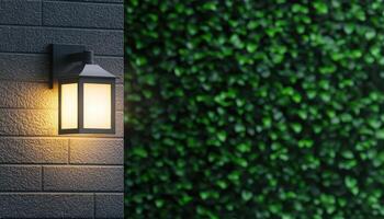 Modern Wall Lamp Illuminating Greenery Outdoor Setting High-Resolution Image Soft Background Copyspace photo