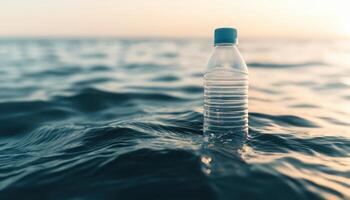 Plastic Water Bottle Partially Submerged in Ocean Background with Copyspace for Environmental Awareness photo