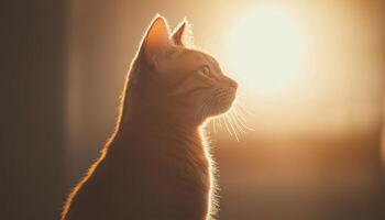 silueta de naranja atigrado gato en contra brillante puesta de sol antecedentes con copyspace foto
