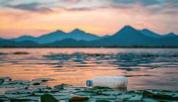 Plastic Bottle at Serene Pond with Background Copyspace for Environmental Awareness photo