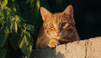 Orange Tabby in a Sunlit Garden Pet Photography with Background Copyspace photo