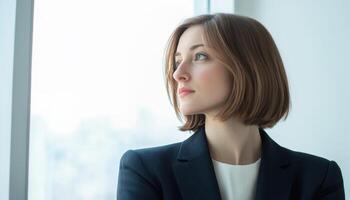 Confident Business Woman Gazing Out Modern Office Background Copyspace Professional Environment photo
