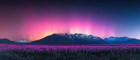 Northern Lights Dance Over Snowy Mountains Landscape Background Copyspace for Nature Photography photo