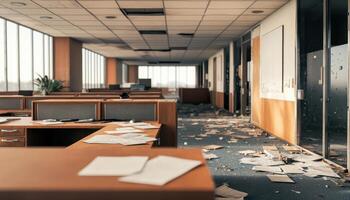 Abandoned Office Space with Broken Glass Urban Background Copyspace Dilapidated Environment photo