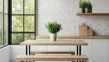 Minimalist Dining Nook with Square Table and Greenery Modern Home Interior Bright Background Copyspace photo