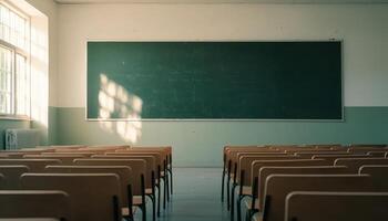 Abandoned Classrooms in a Deserted School Building Empty Environment Background with Copyspace photo