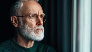 Thoughtful Elderly Man Gazing Out Window Reflective Mood Indoor Background Copyspace photo