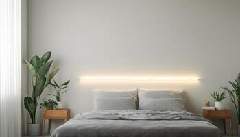 Serene Bedroom Scene with Soft Wall Decor Modern Home Interior Photography Calm Background Copyspace photo