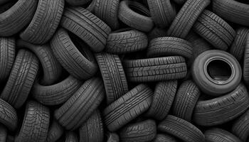 Chaotic Pile of Old Tires Industrial Area High-Resolution Image Dark Background Copyspace photo