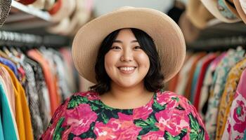 Chubby Asian Woman Trying on Hats at a Trendy Store Smiling with Background Copyspace photo