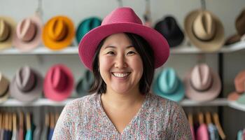 Chubby Asian Woman Trying on Colorful Hats in a Boutique Smiling with Copyspace Background photo