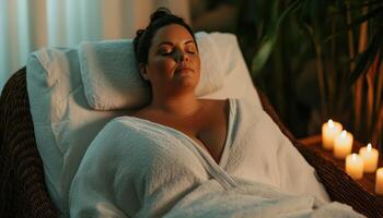 Chubby Woman Enjoying Spa Day at Massage Table with Relaxing Background and Copyspace photo