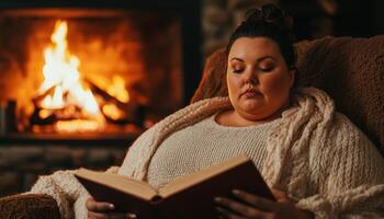 Cozy Reading Session by the Fire Home Living Room Lifestyle Image Warm Background Copyspace photo
