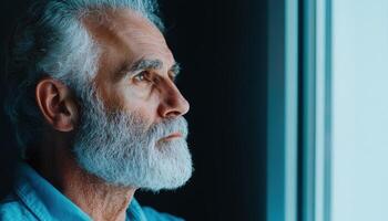 Elderly Man Reflecting by the Window Indoor Setting Portrait Background Copyspace photo