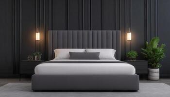 Elegant Modern Grey Bed with Linen Stylish Bedroom Background Copyspace Cozy Environment photo