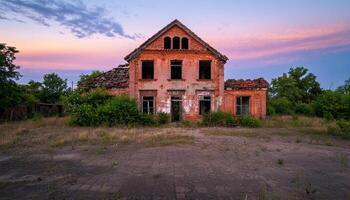 Abandoned Weathered Brick House Overgrown Landscape Nature Background Copyspace photo