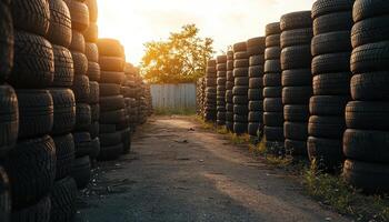 Junkyard Adventure Stacks of Tires at Sunset Industrial Landscape Background Copyspace photo