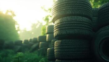 Junkyard Scene of Stacked Tires Surrounded by Nature Wide-Angle Shot with Copyspace Background photo