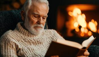 Elderly Man Reading by the Fire Cozy Background with Copyspace Intimate Lifestyle Scene photo