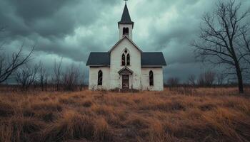 Abandoned Old Church with Collapsed Steeple Rural Landscape Atmospheric Background Copyspace photo