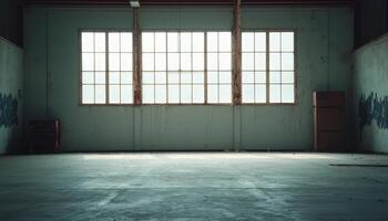 Abandoned Warehouse Interior View Dusty Background Copyspace for Artwork Industrial Environment photo