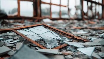 Abandoned Factory Ruins with Shattered Windows Urban Background Copyspace for Visual Impact photo