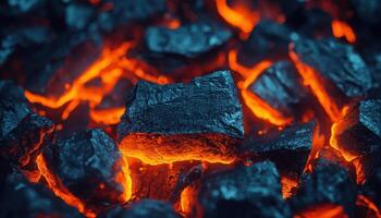 Fiery Closeup of Burning Coals Dark Background with Copyspace Textured Coal Environment photo
