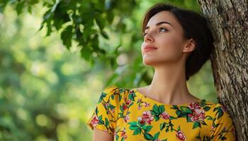 Contemplative Eastern European Woman Resting Under Tree Outdoor Nature Background Copyspace photo