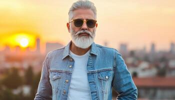 Cool Elderly Man in Sunglasses at Sunset Urban Background Lifestyle Image with Copyspace photo