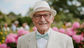 Dapper Elderly Man with Cane in Classic Suit Flower Garden Background Copyspace for Portraits photo