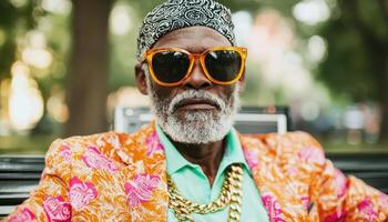 Stylish Elderly Man with Bandana and Gold Chains Urban Park Portrait Background Copyspace photo