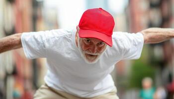 Elderly Man in a Bright Red Snapback Hat Urban Street Action Shot Close-Up Dynamic Background Copyspace photo