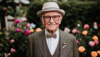 Dapper Elderly Man with Cane in Classic Suit Vibrant Garden Background Portrait Copyspace photo