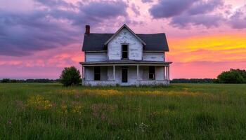 Abandoned Farmhouse at Sunset Rural Landscape Photography Nature Background Copyspace photo