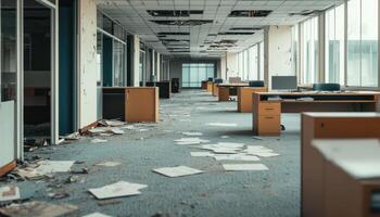 Abandoned Office Space with Broken Glass Empty Environment Urban Background Copyspace photo