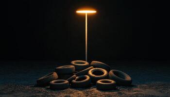 Illuminated Old Tires Pile at Night Dark Background Copyspace for Creative Use photo