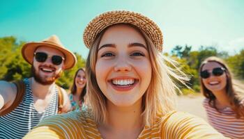 Joyful Group Selfies at a Beach Cheerful Friends Summer Vibes Bright Background Copyspace photo