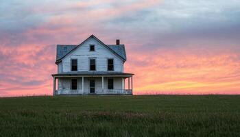 Abandoned Farmhouse at Sunset Rural Landscape Photo with Background and Copyspace