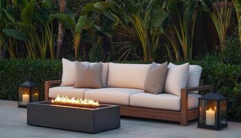 Cozy Outdoor Couch by Fire Pit Tropical Garden Lifestyle Setting Warm Background Copyspace photo