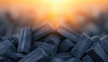 Macro Photograph of Charcoal Stacks in a Scenic Background with Copyspace for Artistic Expression photo