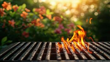 Outdoor Barbecue Grill with Flames in a Rustic Garden Setting Background with Copyspace photo